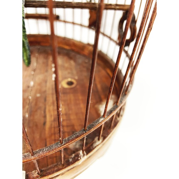 Vintage Hanging Wood Bamboo Bird Cage w/ Bird Ornament - Picture 7 of 12
